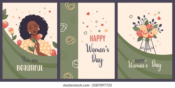 Set of Womens Day cards. Happy Women's Day text. African American woman holding rose. Bouquet of flowers in vase. Vector cartoon flat  illustration