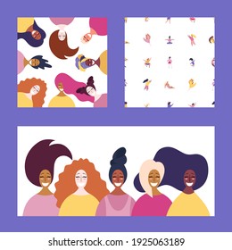 Set of womens day cards with various women. Concept, element for feminism, girl power, poster, banner, background. Hand drawn vector illustration in flat modern style.