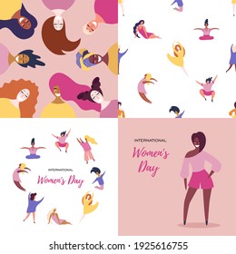 Set of womens day cards with various women. Concept, element for feminism, girl power, poster, banner, background. Hand drawn vector illustration in flat modern style.