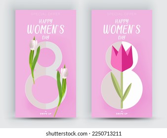 Set of Women's Day celebration social media stories templates. Happy Women's Day 8 March text. Ideal for web, event invitation, discount voucher, advertising. Vector