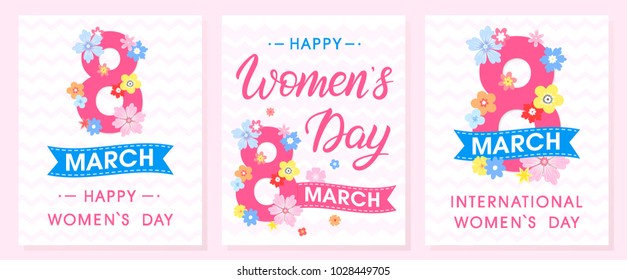 Set of Women`s Day creative cards with ribbons and different flowers .Seasons greetings perfect for prints,flyers,posters,holiday invitations and more.Vector 8 march cards.