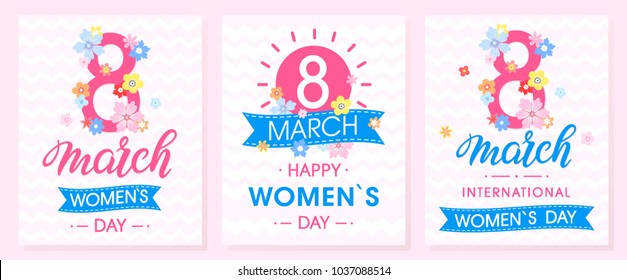Set of Women`s Day creative cards with ribbons and different flowers .Seasons greetings cards perfect for prints,flyers,posters,holiday invitations and more.Vector 8 march cards.