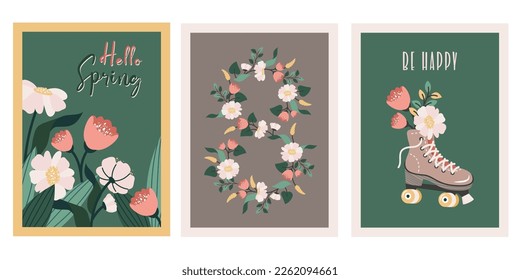 Set of Women's day greeting card. Retro Roller skate with bouquet of wildflowers, text, spring background, floral pattern. Vector flat Hand drawn illustration for March 8, birthday, Mother's day.