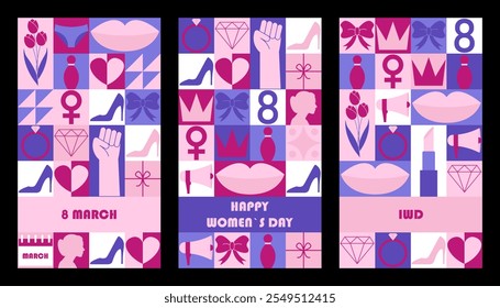 Set of Womens Day greeting cards. Modern abstract geometric design. Template for card, invitation, poster. Vector illustration