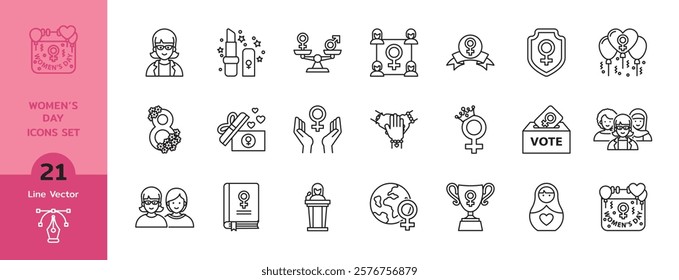 Set of womens day Icons. Line icons about feminism. Contains such icons as gender equality, women's rights and girl power.