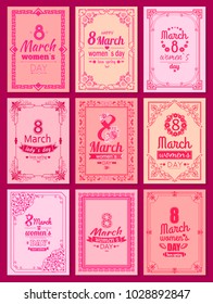 Set of Womens Day postcards with big sign and swirly frame. 8 March card in bright pink color vintage framework vector illustration greetings collection