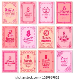 Set of Womens Day postcards with big sign and swirly frame. 8 March card in bright pink color vintage framework vector illustration greetings collection. 8 march hiliday