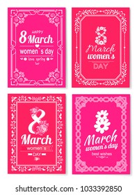 Set of Womens Day postcards with big sign and swirly frame. 8 March card in bright pink color vintage framework vector illustration greetings collection
