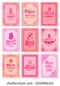 Set of Womens Day postcards with big sign and swirly frame. 8 March card in bright pink color vintage framework vector illustration greetings collection