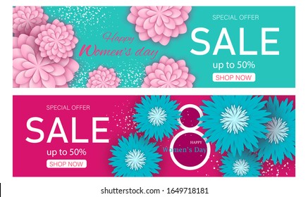 Set Women's Day Sale Poster Design with 50 Discount Offer and Paper Cut Flowers Decorated on acva and pink Background.