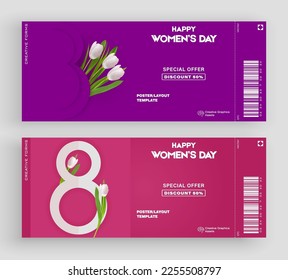 Set of women's day ticket. 8 march holiday background with realistic flowers. Vector illustration for poster, greeting cards, booklets, promotional materials, website