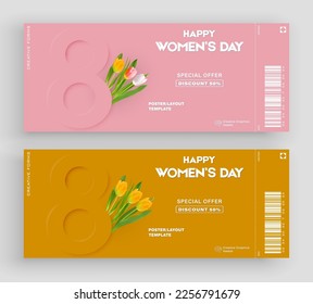 Set of women's day ticket. 8 march holiday background with realistic flowers. Vector illustration for poster, greeting cards, booklets, promotional materials, website