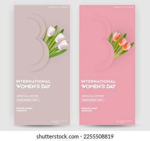 Set of Women's Day ticket or greeting card.Mothers Day. Greeting card for 8 March.For brochures, postcards, tickets, banners.