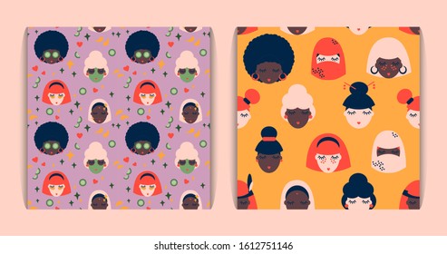 set of womens different nationalities pattern on a pink background. Vector templates for cards, textiles, banners with. International Womens Day