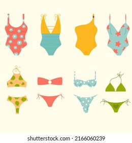 Conjunto de trajes de baño de mujeres, aislados en el fondo. Traje de baño o bikini 
Arriba y abajo. Ilustración vectorial.