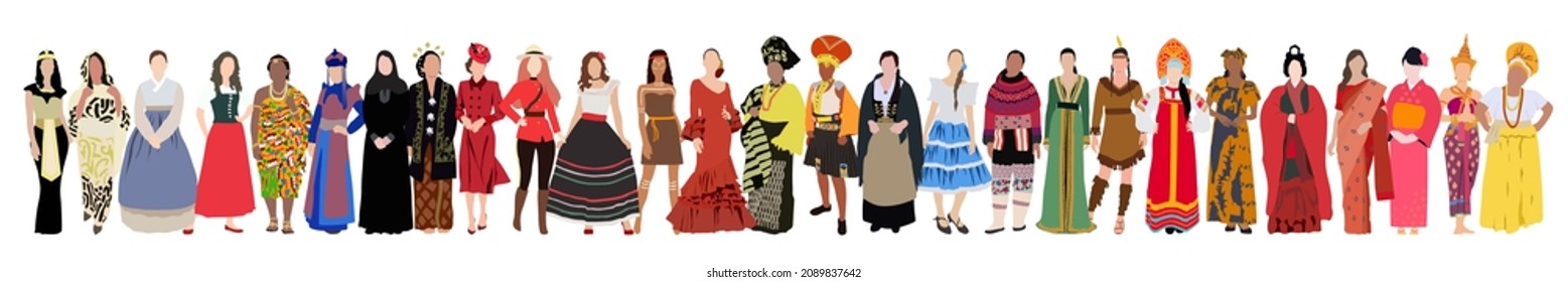 set of women's dressed in national clothes.  Vector flat illustration