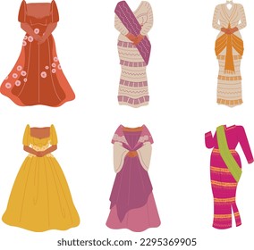 Set of women's dresses and scarves. Vector illustration in cartoon style.