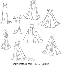 A set of women's dresses in a sketch. Vector illustration of holiday, wedding, evening dresses, sundresses. Clothes for women. Design for postcards, posters, textiles, element, coloring pages.