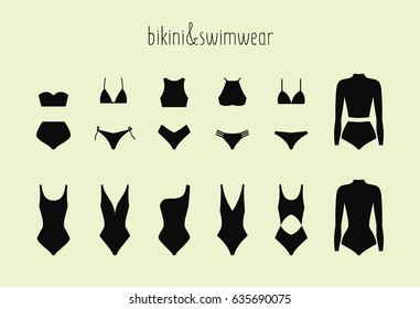 Set of women's elegant swimsuits and bikini. Vector illustration. Swimwear