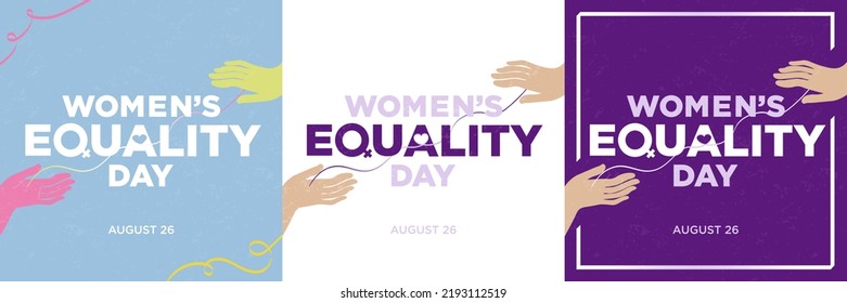 Set of Women's Equality Day Greeting cards and typographic art. Editable Vector Illustration. EPS 10. Celebrated on August 26. Human hand with intertwined ribbon forming a heart. Different colored bac