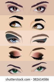  Set of women's eyes with a different makeup. Set of vector blue, brown and green eyes. Female eyes