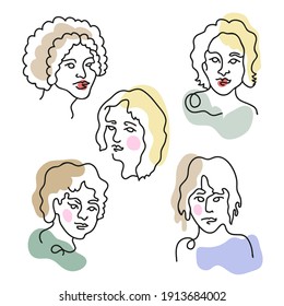 Set of womens' faces. Continuous line drawing. Modern art.