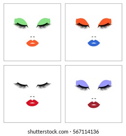 Set Women's faces with different colors lips with long eyelashes. Vector illustration