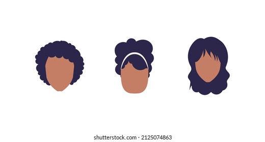 Set of women's faces with different hairstyles. Isolated on white background. Flat style.