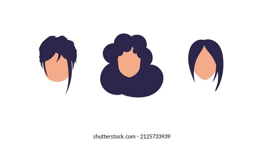 Set of women's faces with different hairstyles. Isolated on white background. Vector.