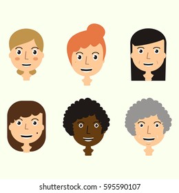Set of women's faces expressing positive emotions. Human faces with smiles. web avatar icons. Vector flat design illustrations.