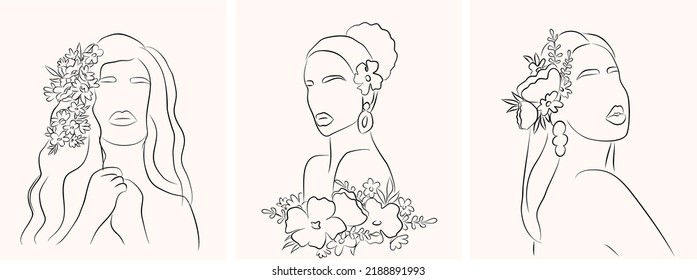 Set of Women's faces in line art style with flowers and leaves. Vector drawing in elegant style for beauty logo, prints, tattoos, posters, textile, cards etc. 