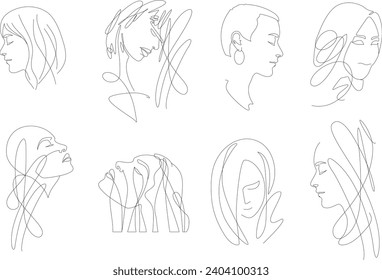 Conjunto de caras femeninas, concepto de arte lineal, belleza femenina, ilustración vectorial para salón de belleza, industria de la moda. Ilustración del vector