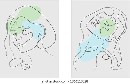Set of Womens faces one continuous line drawing. Minimalist abstract female portrait in simple linear style for logo, prints, tattoos, posters, textiles, postcards. Doodle Vector illustration