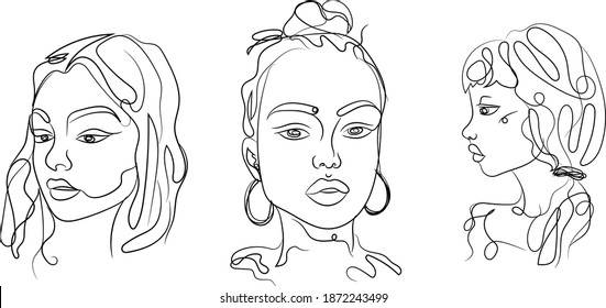 Conjunto de retratos femeninos de una línea, ilustración abstracta minimalista dibujada a mano