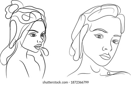 Set of Womens faces one continuous line drawing. Minimalist abstract female portrait in simple linear style for logo, prints, tattoos, posters, textiles, postcards. Doodle Vector illustration