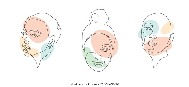 Set of Womens faces one line drawing. Minimalist abstract female portrait in simple linear style for logo, prints, tattoos, posters, textiles, postcards. Modern Artwork. Doodle Vector illustration