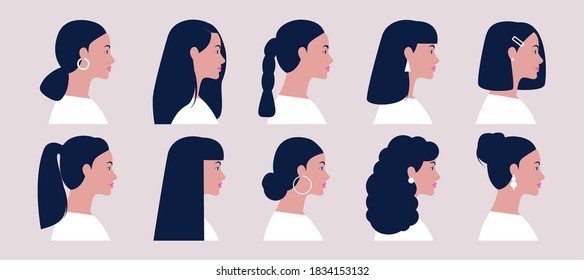 Set of women's faces in profile. Vector illustration in a flat style