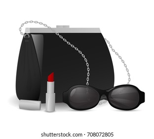 set of women's fashion accessories: handbag, sun glasses, lipstick.