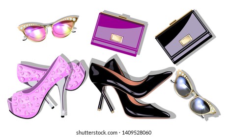 Set Womens fashion accessories pair high-heeled shoes, handbags, sunglasses isolated on white background. View from the top. Realistic detailed vector illustration.