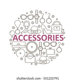 Set of women's fashion accessories in the style of a line located inside the circle. Vector illustration.