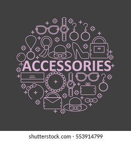 Set of women's fashion accessories in the style of a line located inside the circle. Vector illustration.