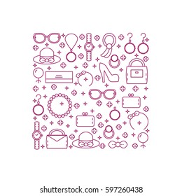 Set of women's fashion accessories in the style of a line located inside the square. Vector illustration.