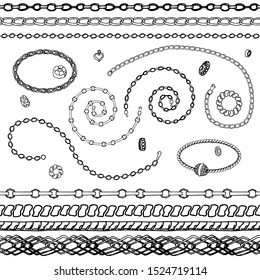 Set - women's fashion. Bracelets, beads, chains, pendants, ring, beads. Contour, black and white. Chains are endless, seamless pattern brushes. Vector.