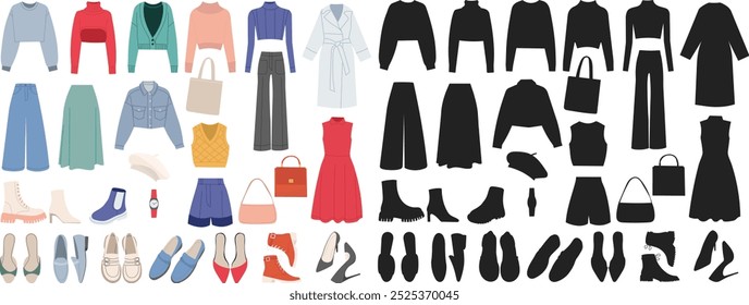 Set of women's fashion clothes for every day in flat style on white background, vector