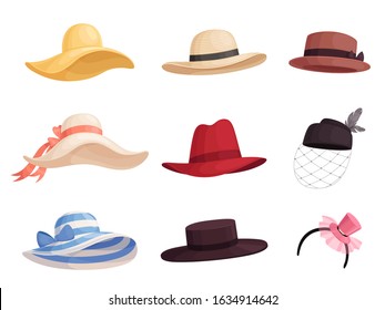 Set of women's fashionable hats of different colors and styles in retro style. Elegant broad-brimmed hat, panama, gaucho, fedora.