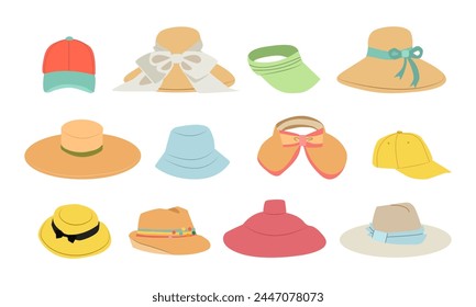 Set of women's fashionable hats of different colors and styles in retro style. Elegant broad-brimmed hat, panama, gaucho, fedora.