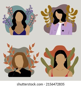 set of women's flat portrait designs with different characters and skin colors in an aesthetic form