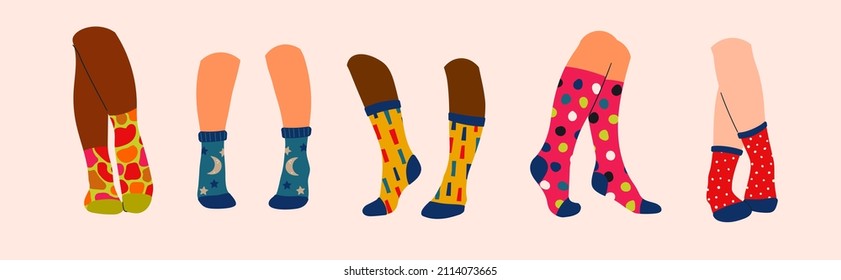 A set of women's foot in socks in a trendy style. Cute cozy sock with a different pattern. Clothing Accessories