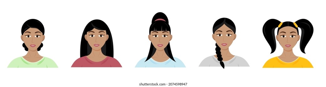 Set of women's hairstyles. Beautiful young brown-haired girls with different hairstyles isolated on a white background.
