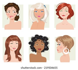 set of women's hairstyles and types of appearance